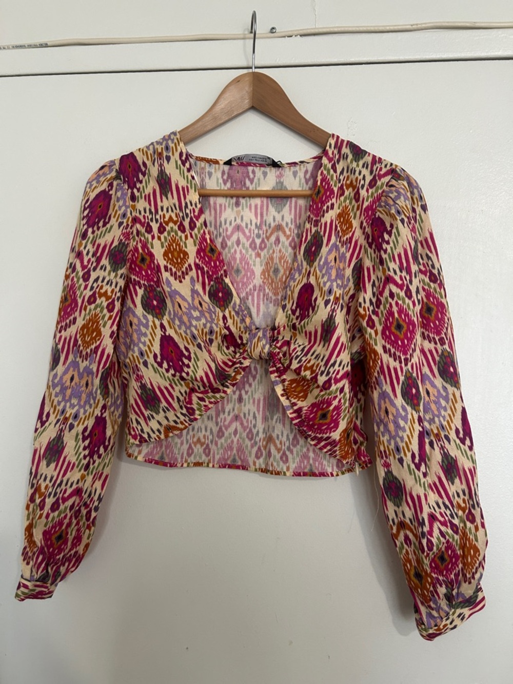 Zara Ikat Tie-Front Cropped Blouse